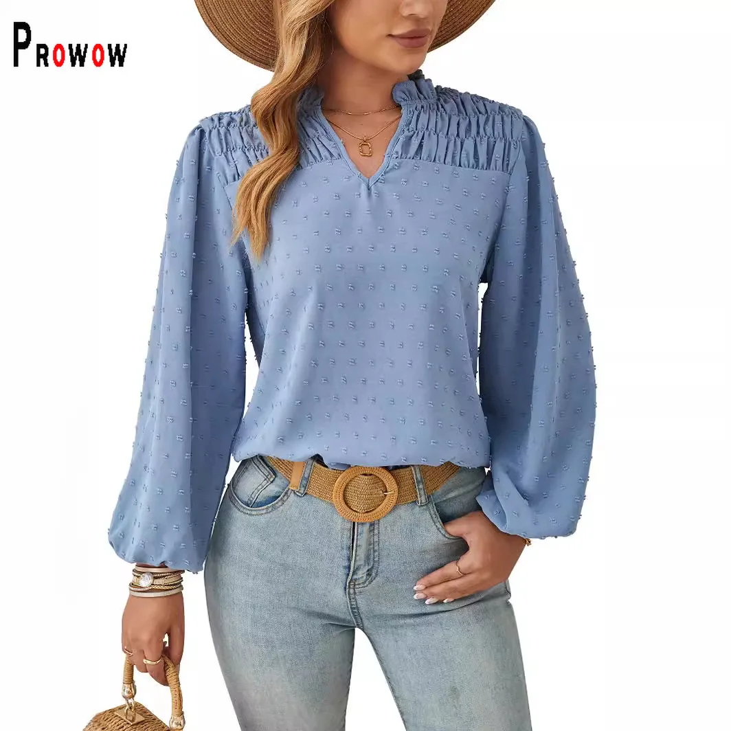 Prowow Long Sleeve Women Tops Clothes V-neck Chiffon Spring Summer Female Shirts Solid Color Slim Fit  Ropa Mujer Blouses