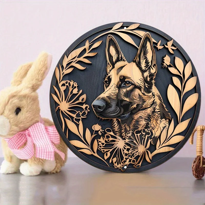 German Shepherd Aluminum Metal Wall Sign, Round Decorative Wreath with Dog Image, Door Hanger, Home Art Decor