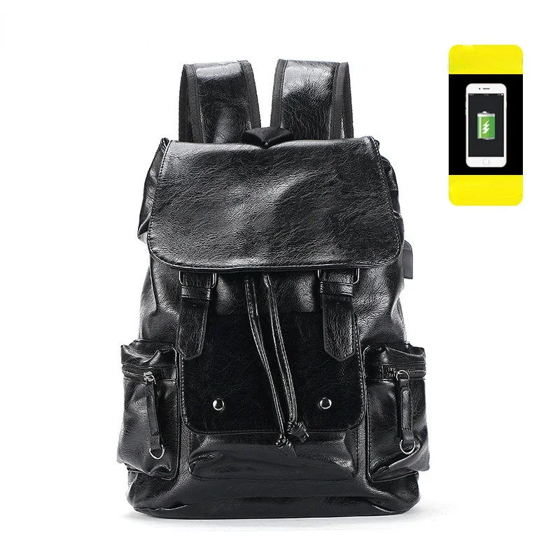 New Fashion Men Bacpacks High Quality PU Leather Backpack For Men Solid Large Capacity Men's Backpacks With USB Interface Bags