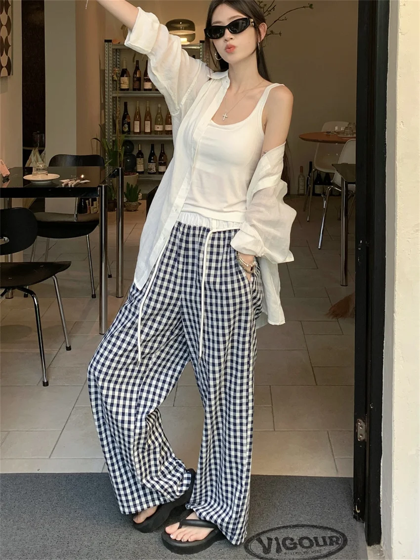 PLAMTEE Loose Plaid Women Pants Casual Wide Leg Summer Sunscreen High Street Casual Tank Tops Gentle Daily Full Sleeve Shirts