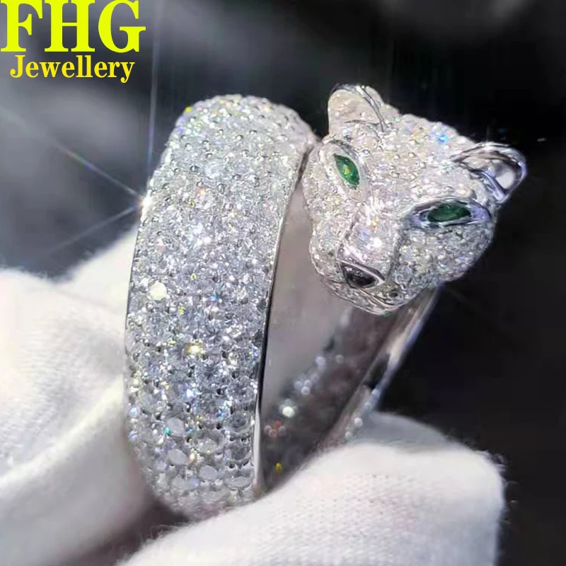 

Au375 9K White Gold Ring 2Carat moissanite Diamond leopard head ring Wedding Party Engagement Anniversary Ring