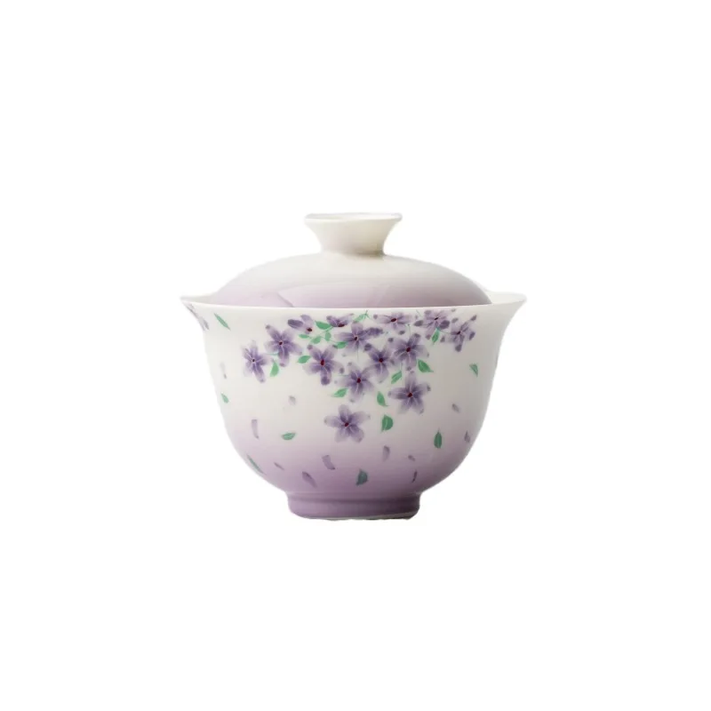 Jade Clay White Porcelain Hand-Painted High-Value Gaiwan Purple Kung Fu Set Household Tea Brewing Bowl Thin-Walled