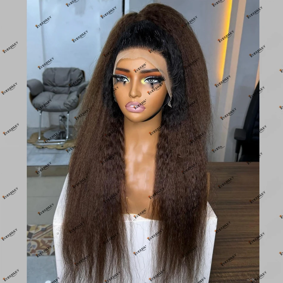 Kinky Straight Ombre Brown Black Women Human Hair Lace Front Wig Thick Hair Glueless 5x5 HD Lace Closure Wig for Africa American