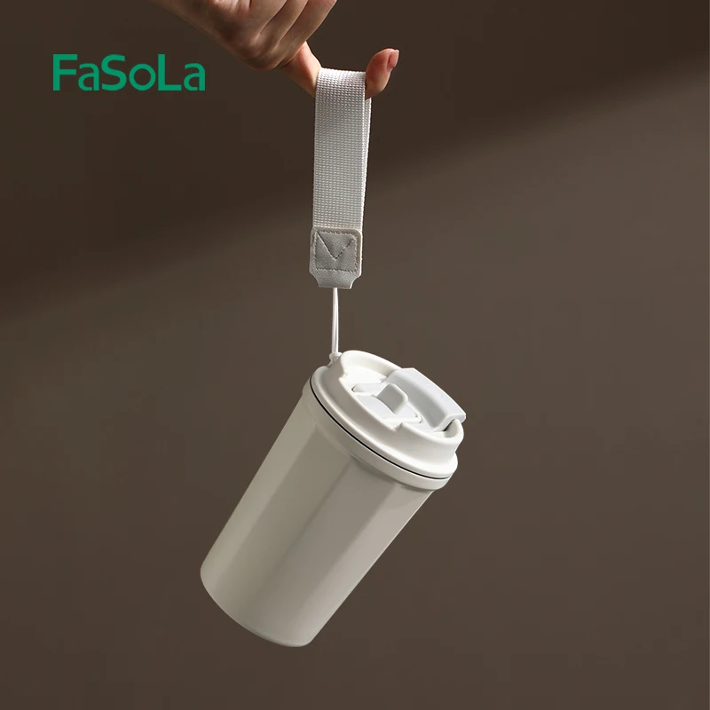 FaSoLa 390ml/13oz Double Drinking Coffee Cup Portable Stainless Steel Vacuum Flasks with Rope Lifting Travel Mug Spill Proof