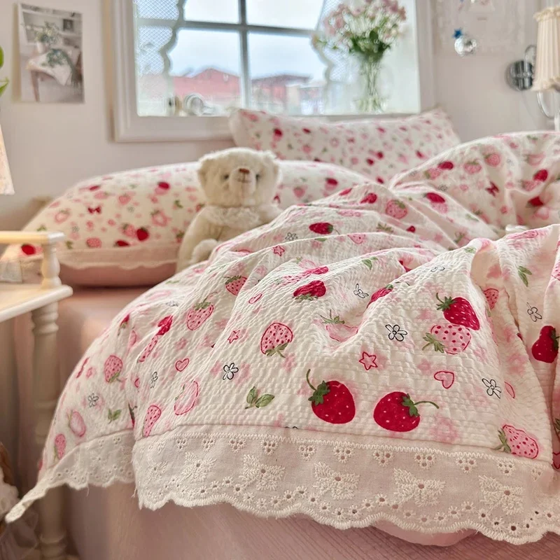 Elegant Lace-Trimmed Puff Gauze Bedding Set, Class A, Breathable Skin-Friendly 4-Piece Duvet Cover Set