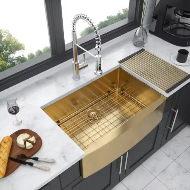 ATV American Style Stainless Steel 304 Gold Apron Front Single Bowl Farm Kitchen Sink Handmade With Accessories And Strainer