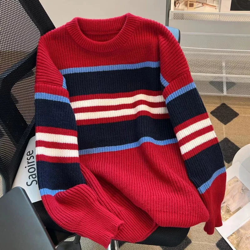 

Women Clothing Vintage Knitting Sweater Red Stripe Contrasting Colors Pullover Long Sleeve Fashion Baggy Female Winter Tops