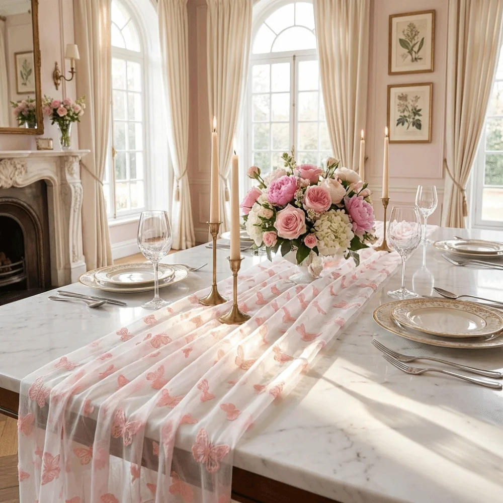 Creative Romantic Butterfly Mesh Table Runner Semi-Transparent Decorative Gauze Tablecloth Multi-color Table Cover Table Decor