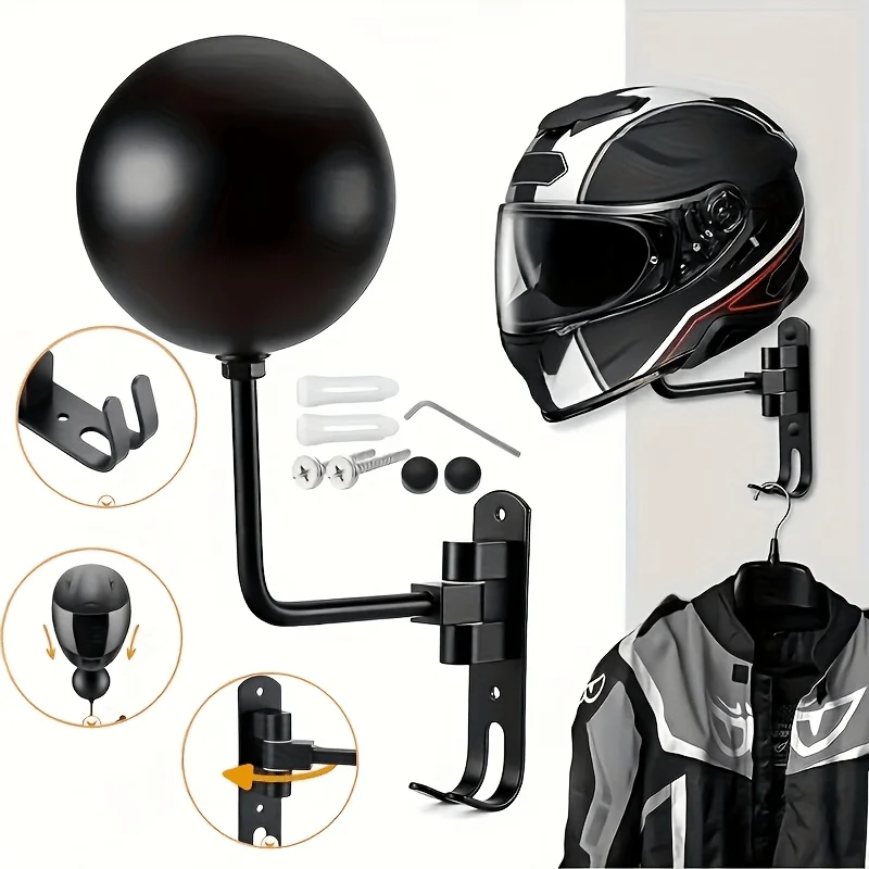 Wall Mounted Metal Motorcycle Helmet Rack 180° Rotating with Coat Hanger Hooks Multi-Purpose Helmet Storage Gift for Riders