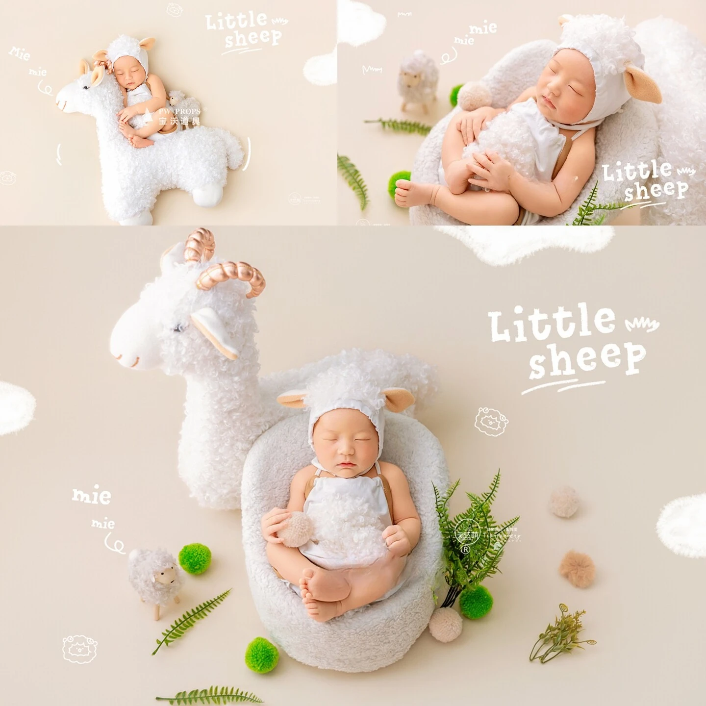 2026 Newborn Photography Props New Year Sheep Lamp Theme with Outfit Hat White Posing Doll Plants Decors for Studio Photoshoot