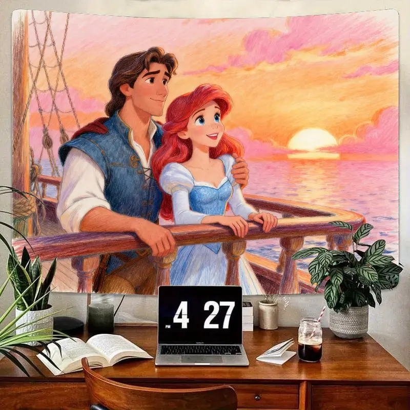 

1PC Disney The Little Mermaid Ariel & Eric Tapestry Romantic Sunset Ocean Wall Art Bedroom Living Room Decor Gift for Fans