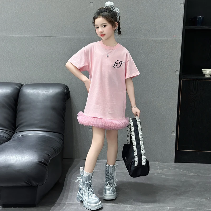 

Girls T-shirt Summer Casual Dress Tees Lace edge splicing long Tops for 5-13 Years Kid Girls Clothes Solid Short Sleeve t-shirts
