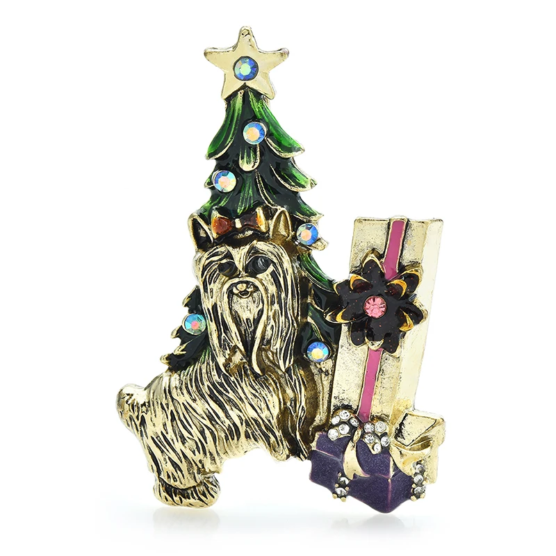 Wuli&baby Vintage Taking Gifts Dog Christmas Tree Brooches For Women Men New Year Party Office Brooch Pins Gifts