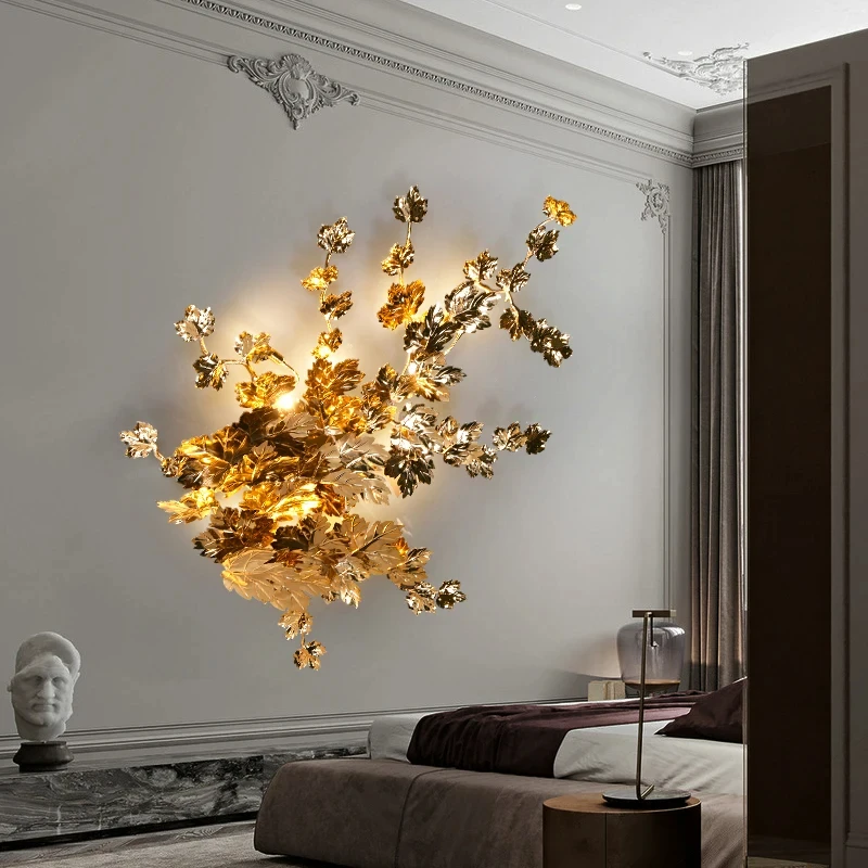 CX260GD Post Modern All Copper Light Luxury Wall Lamp Personality Maple Leaf Living Room Bedroom Wall Lamp Soft Background Wall