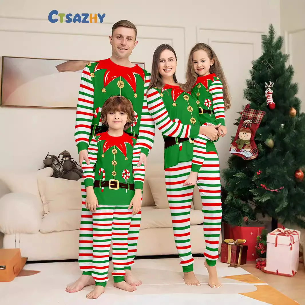New Year gifts, Christmas parent-child outfits, green and red striped printed home wear, family pajama sets, and baby jumpsuits
