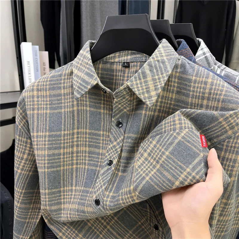 Mens Brushed Plaid Check Button Up Shirts All Over Grid Pattern Breathable Soft Flannel Fabric Tops For Office Outdoor Outing
