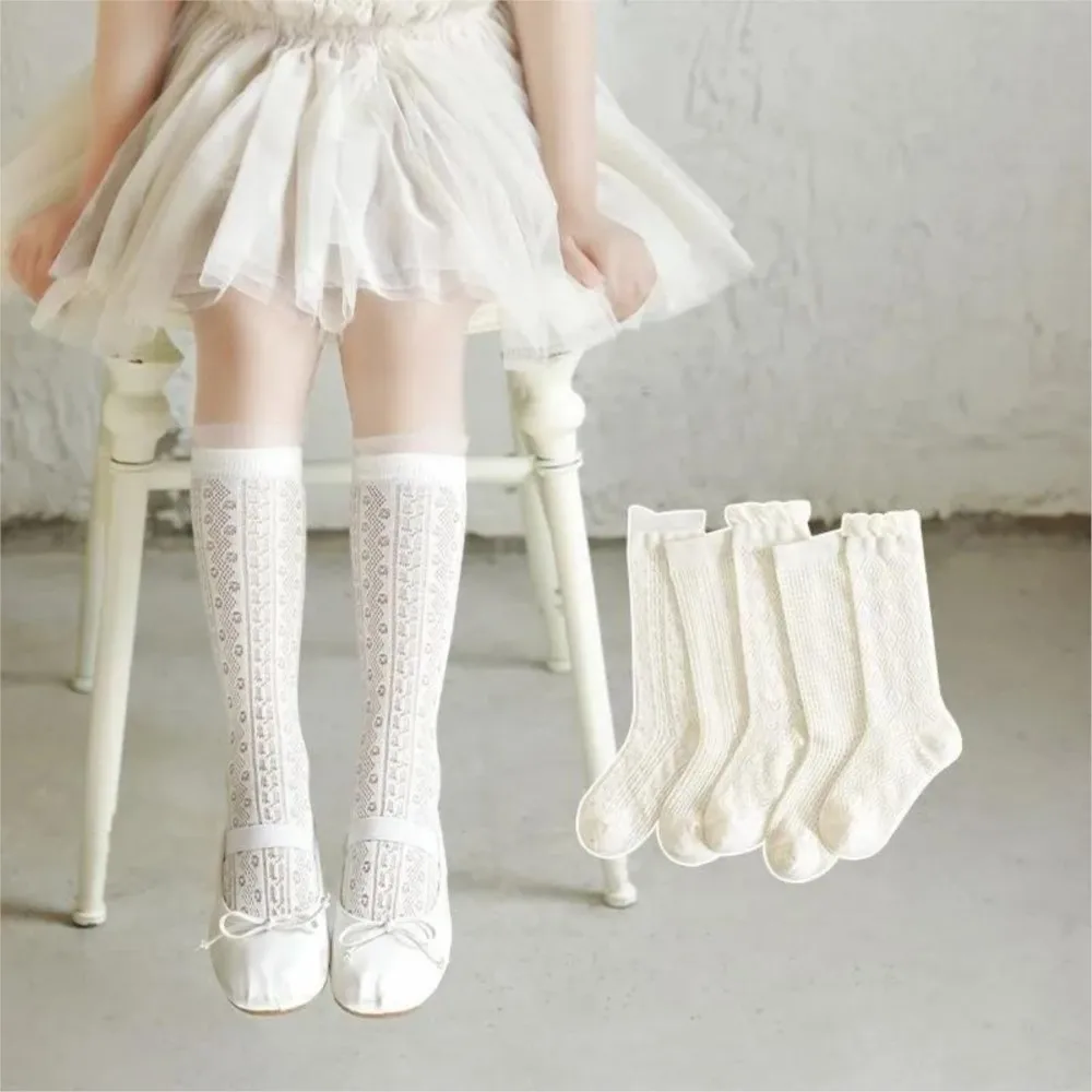 Girls Long Tube Lace Stockings Sweet Bow Jacquard Pattern Mesh Sock Baby Girl Ballet Fishing Net Frilly Socks Lolita Leggings