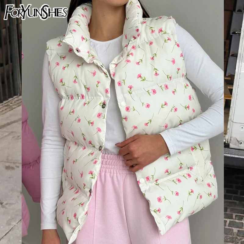 

Cotton Padded Waistcoat For Women Floral Printed Vests Korean Style Casual Sleeveless Cardigans Vintage Jackets Loose Women Tops