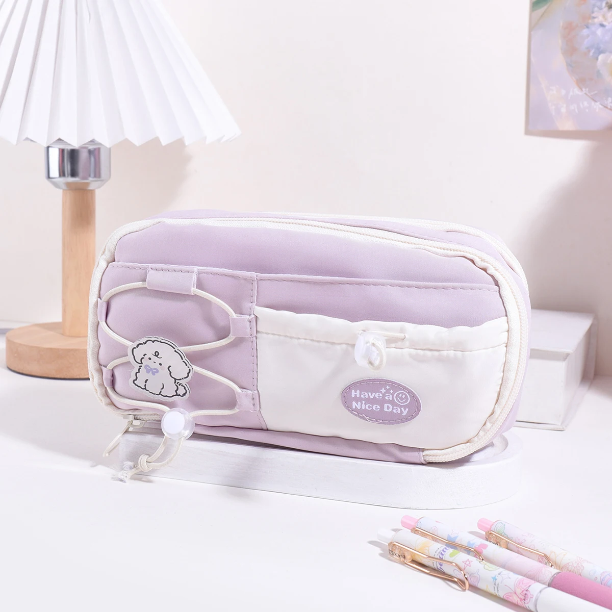 Estuche para lápices con cordón de gran capacidad de 9 capas, bolsa de almacenamiento de papelería multicapa con diseño de cachorro, suministros escolares portátiles