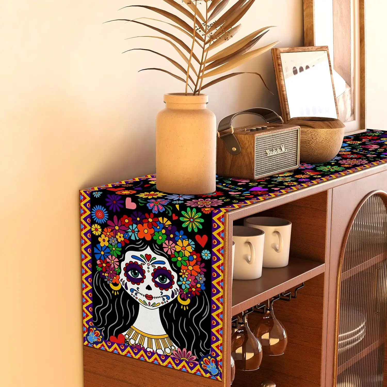 Mexican Day of The Dead Sugar Skull Linen Table Runners Dresser Scarf Decor Washable Dining Table Runners Party Decorations