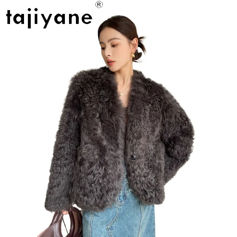 TAJIYANE 100% Tuscan Sheep Shearling Cropped Fur Jacket Fourrure Real Fur Coat Woman V-neck Jackets for Woman Clothing 2026 Шуба
