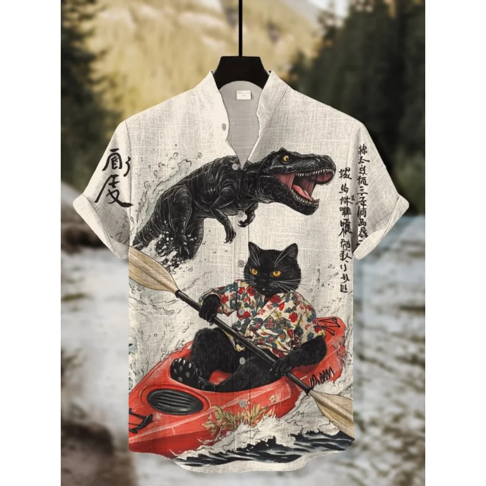 Men's Funny Laser Dinosaur Cat Print Shirts 3D Holiday Hawaiian Shirt Summer Oversized Women Short Sleeve Casual Beach Shirts