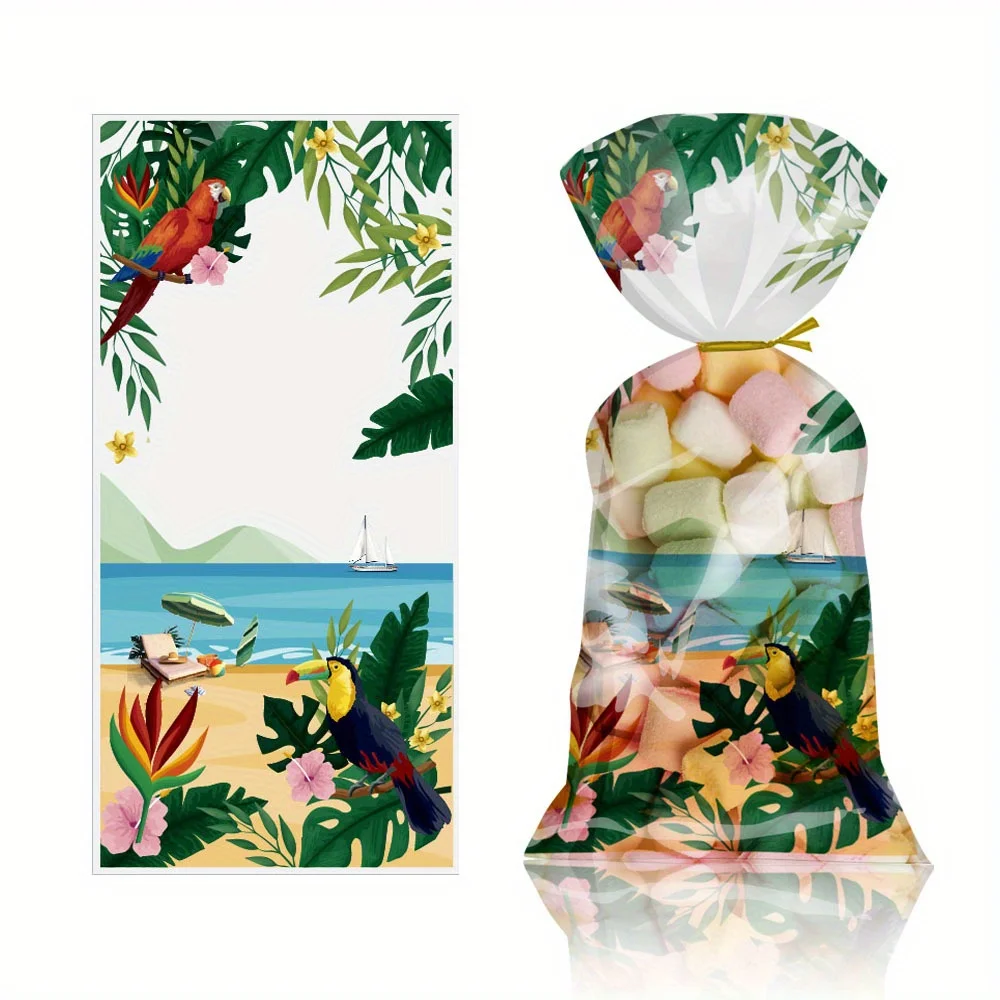 100 pcs Hawaiian  Cellophone Treat Bags,Summer Tropical Themed Candy Bags  Leaves Goodie Bags with 100 Twist Ties