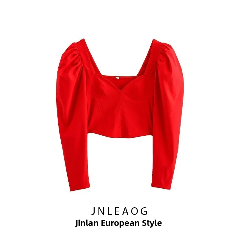 Eleganckie damskie spódnice z dekoltem w kształcie serca, bufiaste rękawy, włókno poliestrowe, długie rękawy, spódnice dla dziewcząt, europejski styl, regularny krój, cienkie.