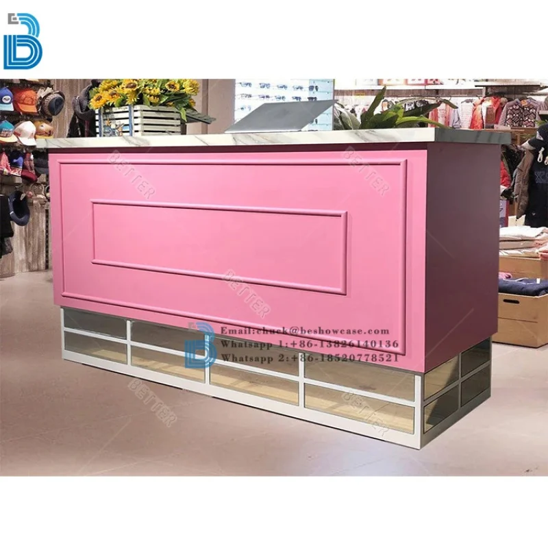 custom.Customized Pink Wooden Shop Cashier Counter Front Counter Office Reception Desk