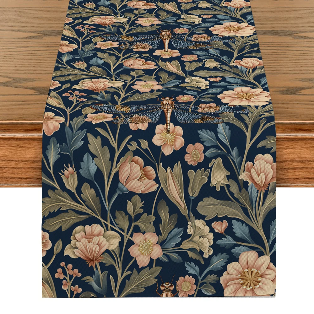 William Morris Flowers Dragonfly Table Runners Dresser Decor for Kitchen Holiday Party Table Runner Washable Dining Long Cloth