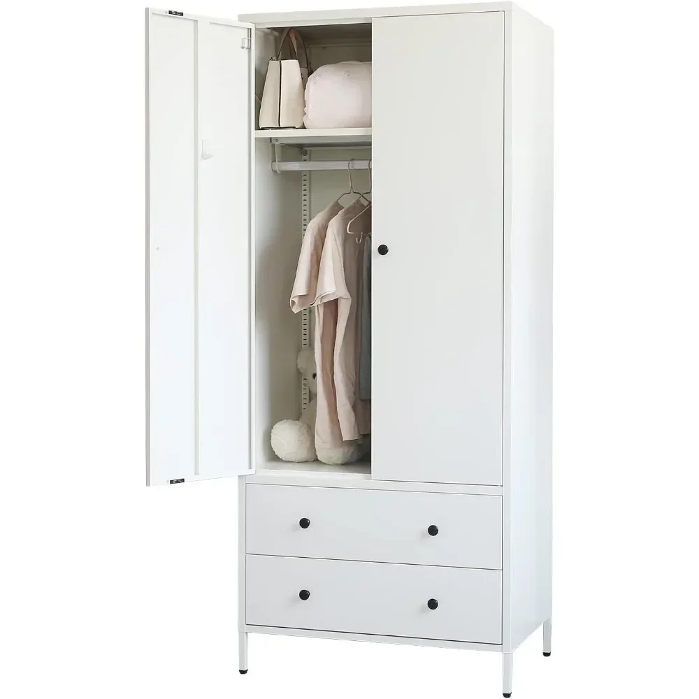 

Wardrobe Closet, Metal Armoires and Wardrobes with Two Drawers, Adjustable Hanging Rod, 20" D*31.5" W*74" H - White