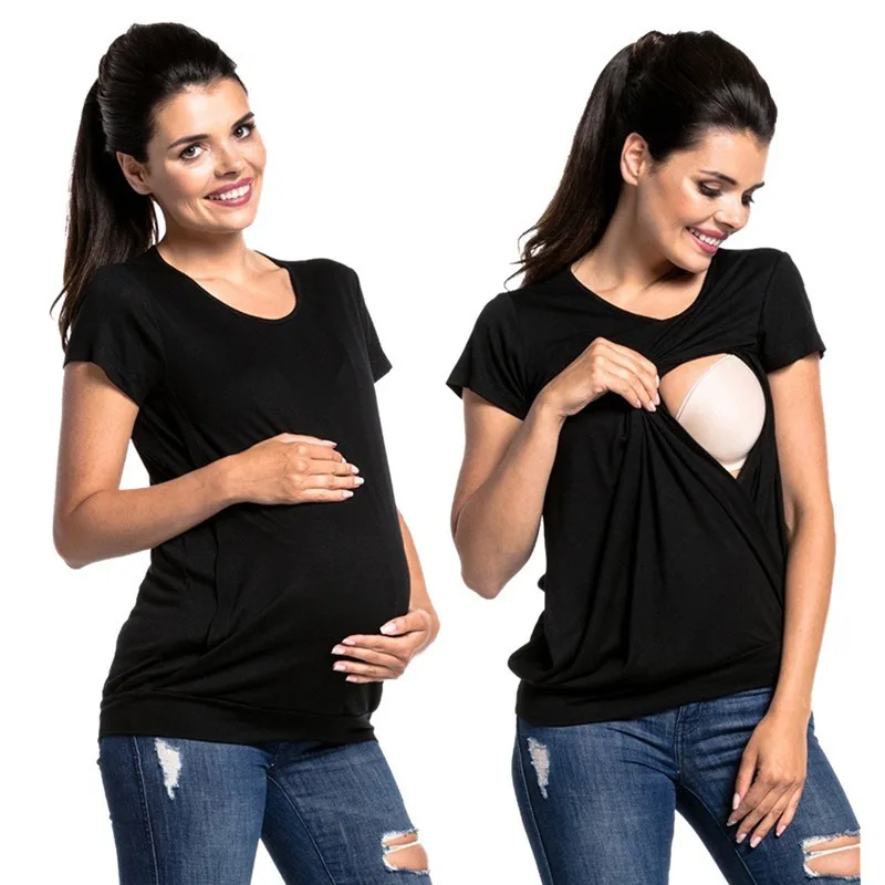 Tops de maternidad para lactancia, camiseta con dobladillo Irregular para mujeres embarazadas, camisa de lactancia, pantalón corto informal de manga, camiseta básica de lactancia, Tops sólidos