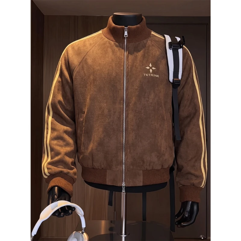 American style three bar PU men's leather jacket, fashionable windproof sport stand up collar jacket for spring and autumn