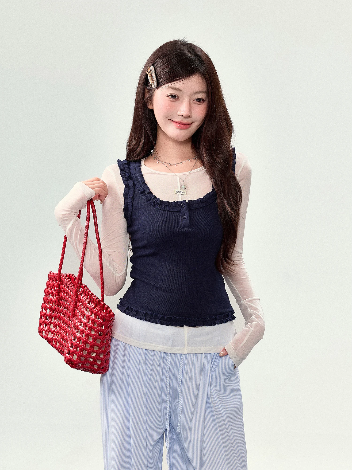 

Женская футболка Sweetly Sli Long Sve в корейском стиле с оборками, дышащая, удобная, для прогулок