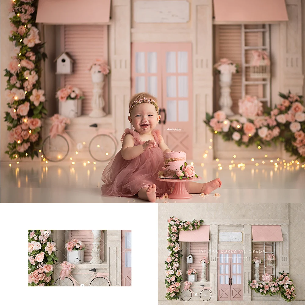 Spring Floral Store Front Backdrops Kids Baby Cake Smash Photocall Decors Child Adult Photo Garden Bicycle Backgrounds