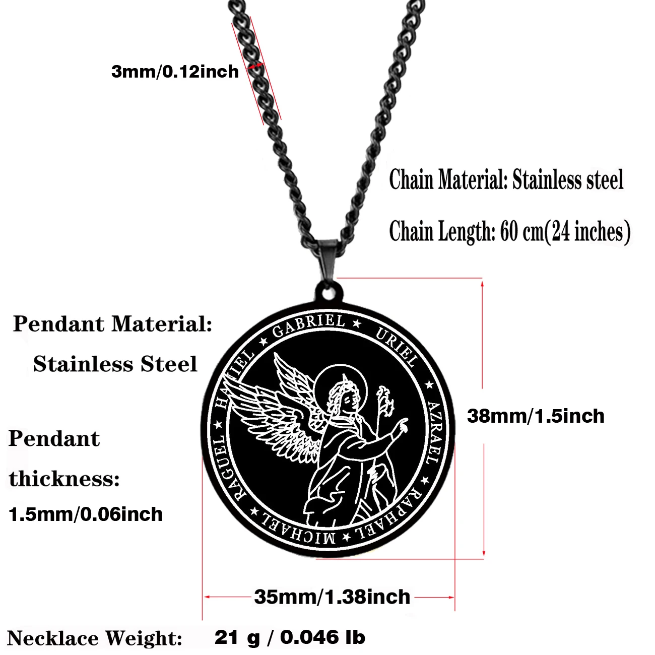 Black Color 7 Archangel MICHAEL GABRIEL RAPHAEL RAGUEL AZRAEL URIEL Amulet Sigil of Angel Wings Stainless Steel Pendant Necklace