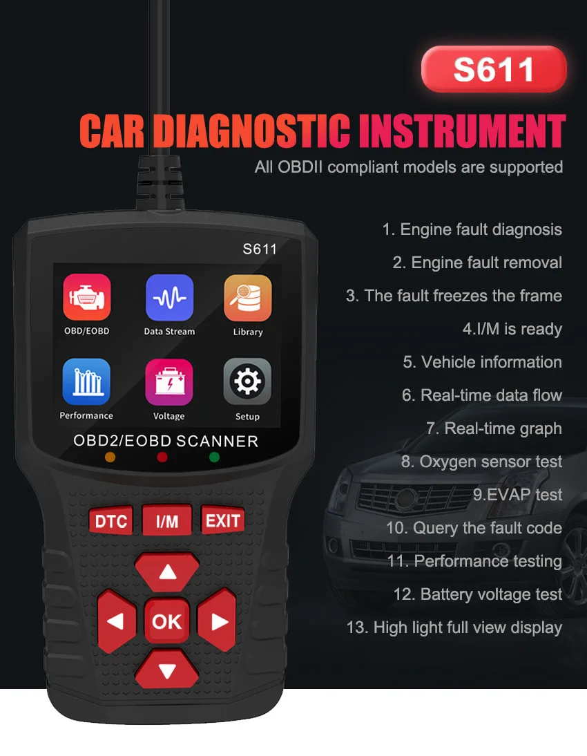 S611 المهنية obd2 نظام الماسح الضوئي للسيارة أداة تشخيص رمز قارئ السيارات الجهد جهاز اختبار بطارية رمز خطأ المحرك واضح