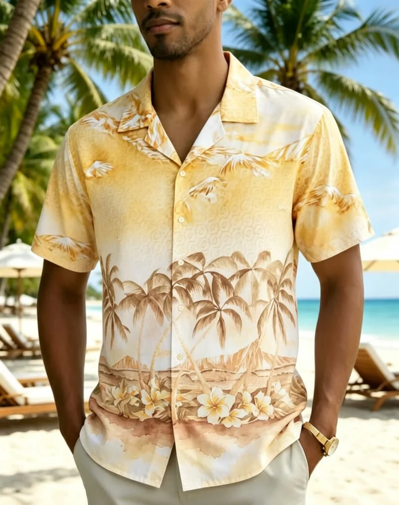 Men's watercolor gradient tropical landscape printed Hawaiian shirt, for summer vacations, daily outfits, and music events