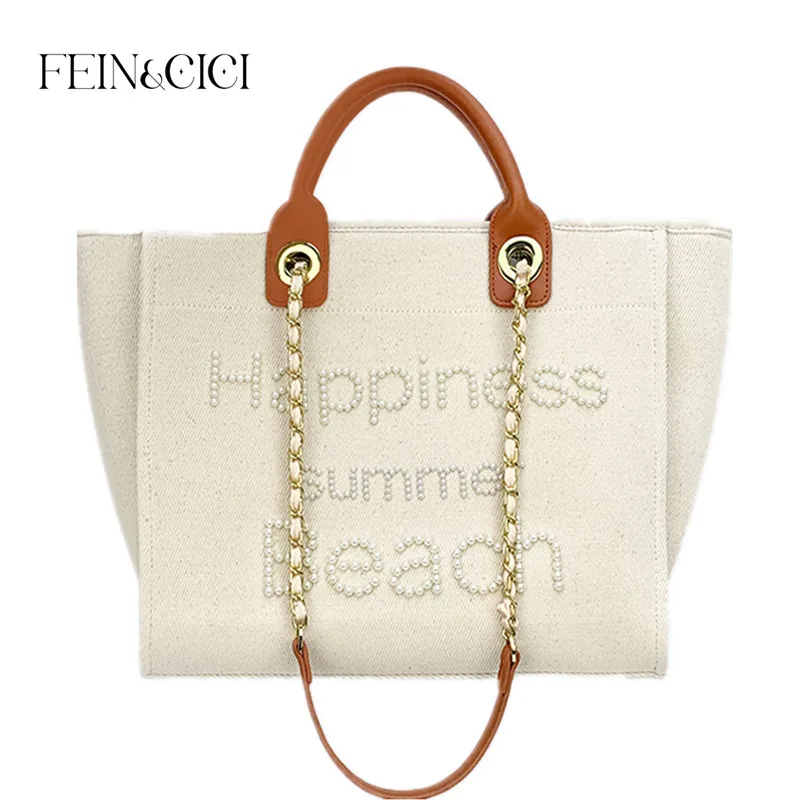 Women designer Shopper bag brand beaded pearls canvas tote handbag large capacity shoulder bag genuine leather handle beach bag