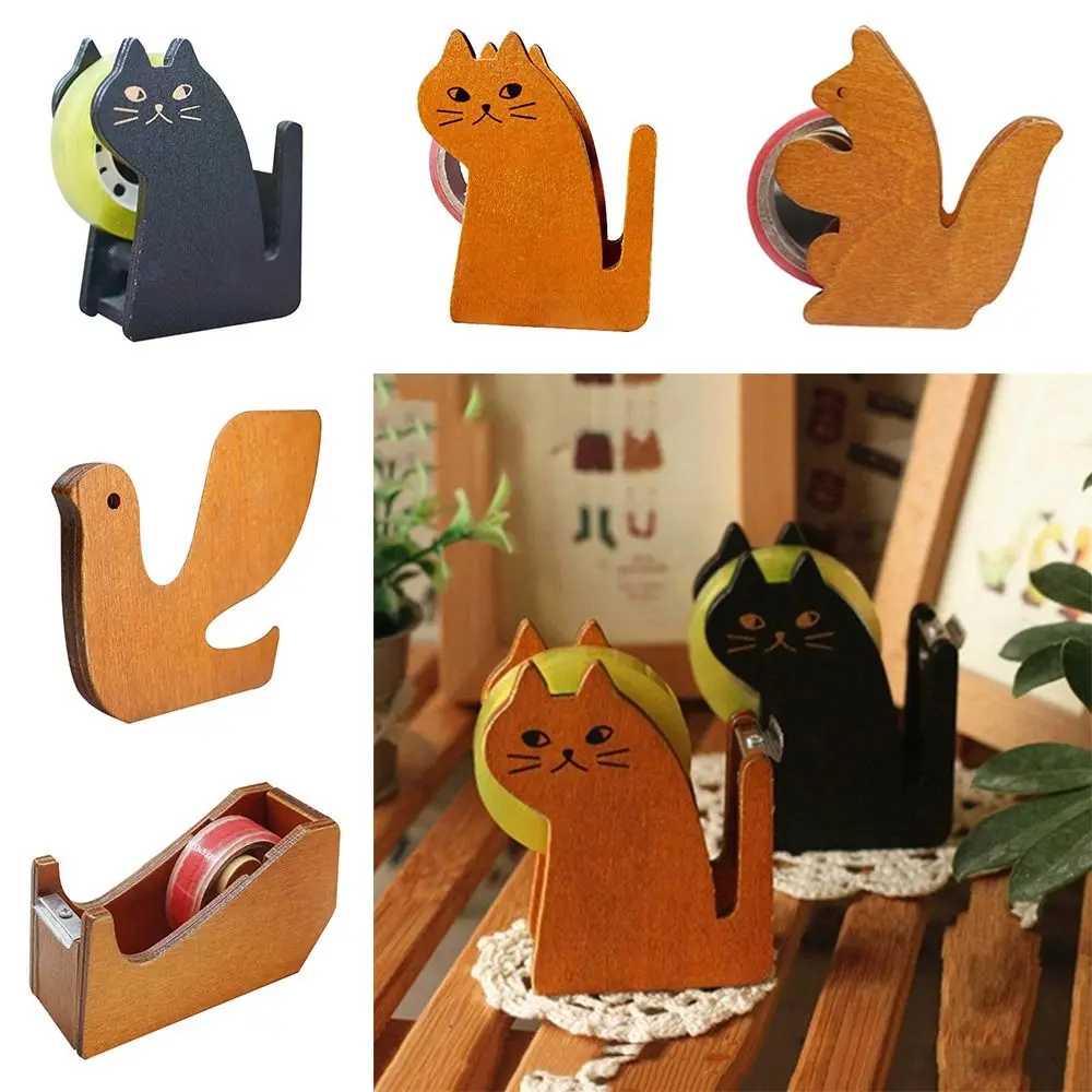 cute animal shaped wooden tape dispenser stationery tape holder para estudantes 01