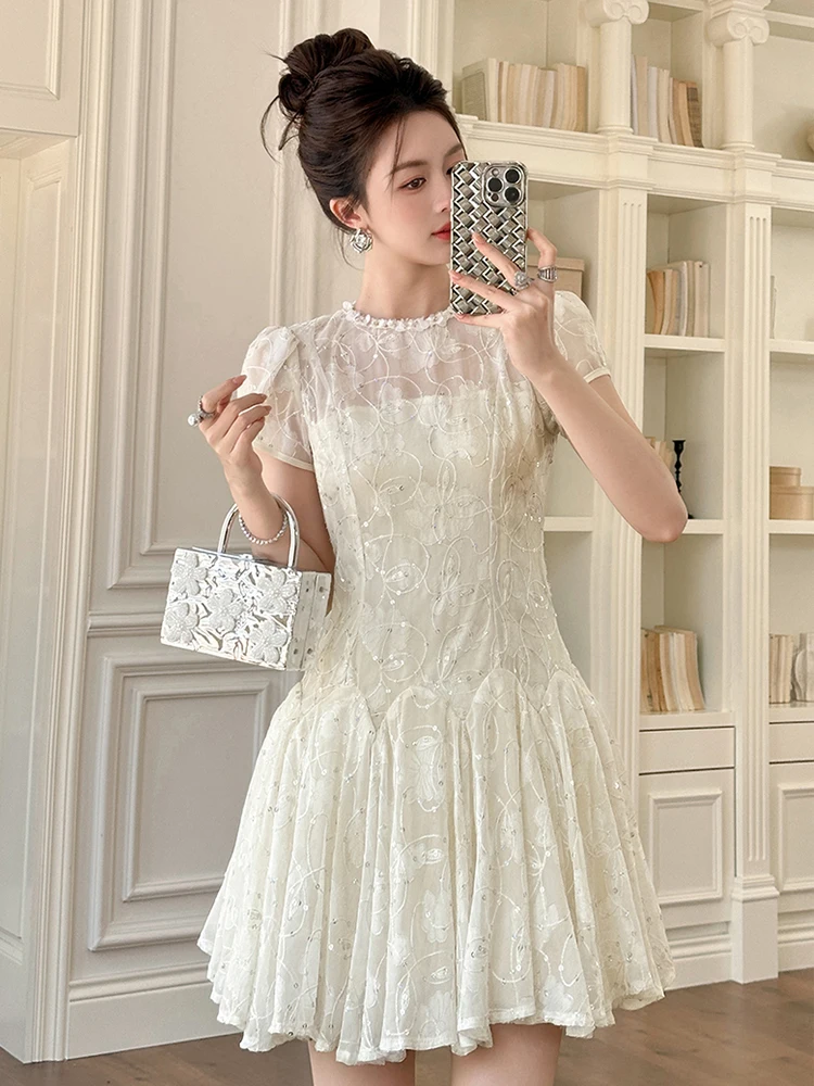 ชุดเดรสเซ็กซี่หรูหราสำหรับผู้หญิง ออกเดท ผ้าซีทรู ปักลายดอกไม้ แต่งระบาย ทรงบอลกาวน์ ประดับกลิตเตอร์ สวยสง่า สำหรับงานปาร์ตี้ คลับ