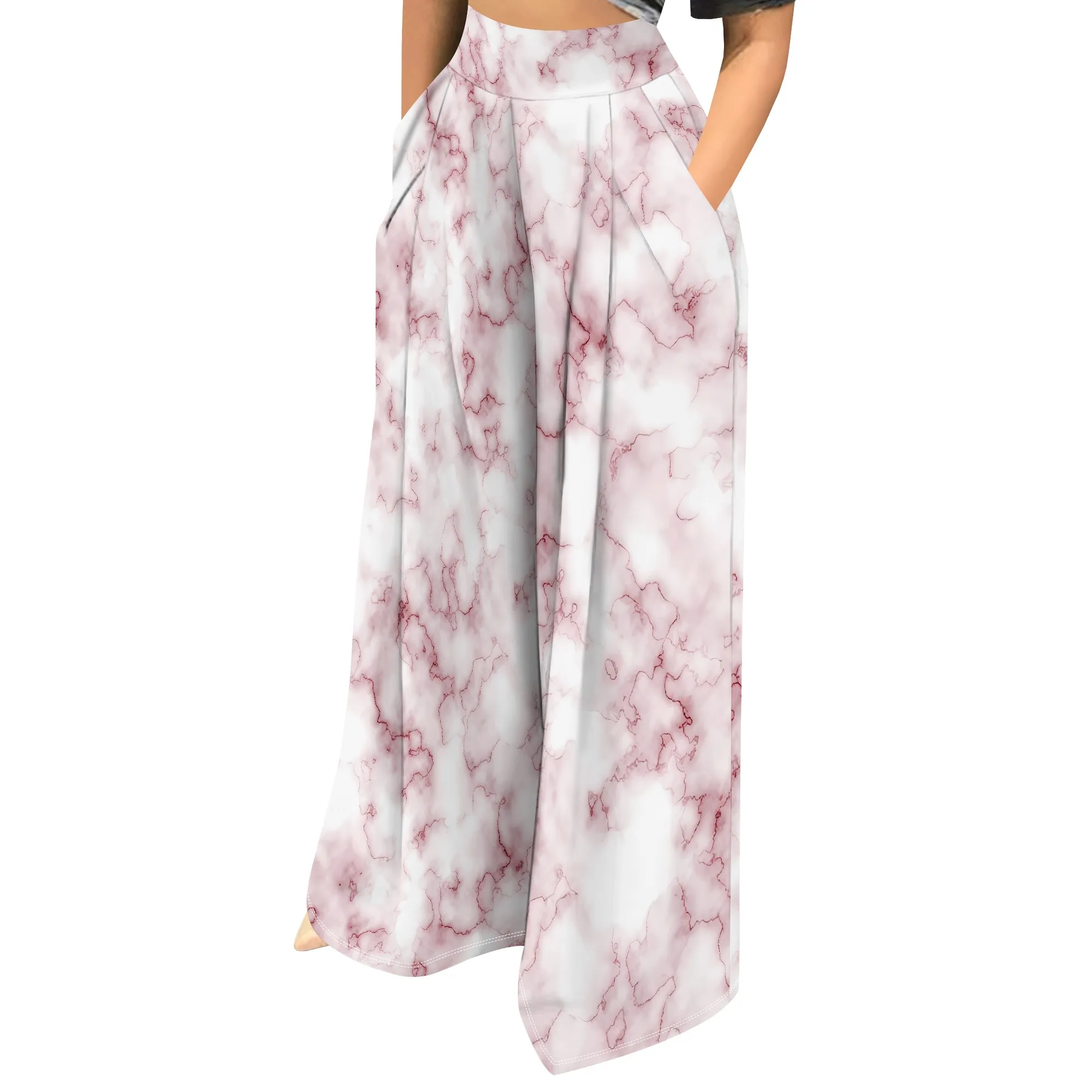 EQQZD Pantaloni a gamba larga a vita alta di taglia standard, pantaloni casual con stampa tie-dye dalla vestibilità ampia con tasche