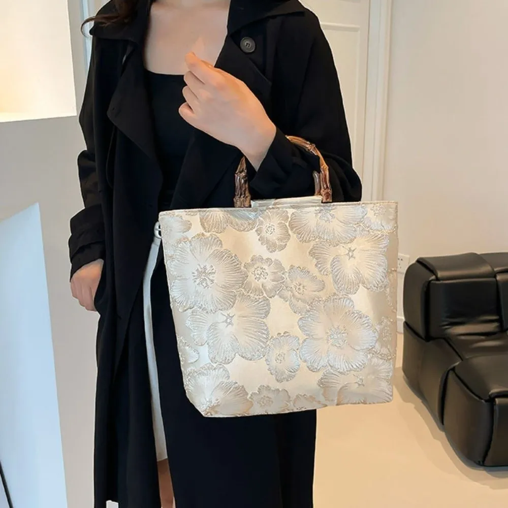 Canvas Jacquard Tote Bag Cheongsam Accessories Large Capacity Chinese Style Handbag Bamboo Joint Handheld Zipper Closure