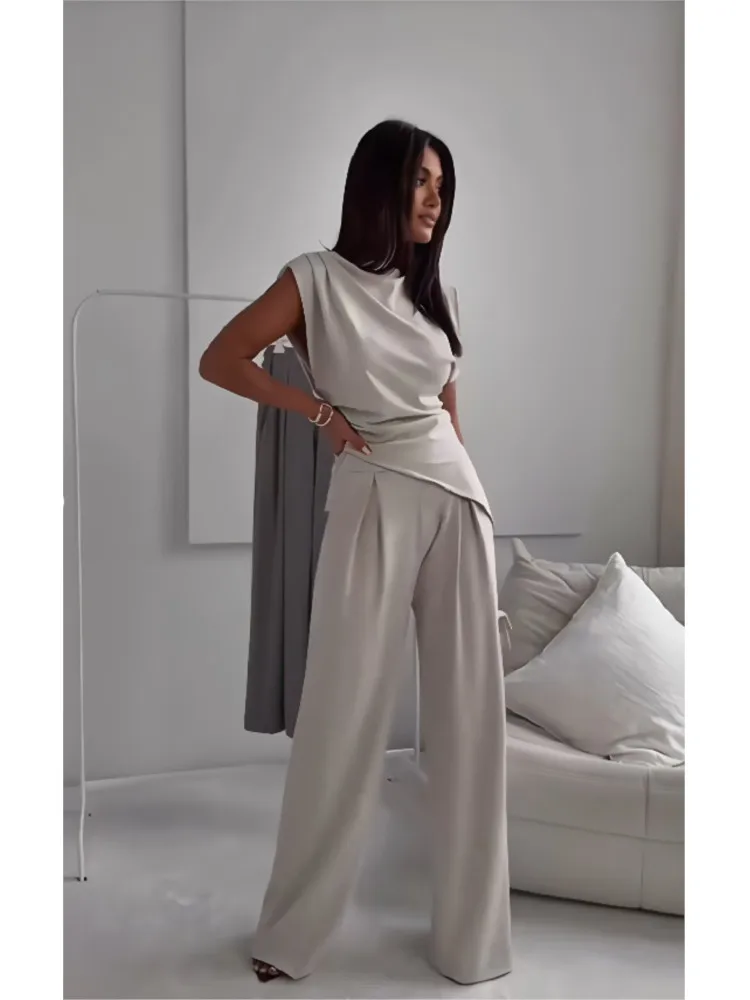 

Fashionable And Casual Solid Color Two-piece Women's Clothing 2026 Summer New Slim High-waisted Tops And Trousers Suits Female