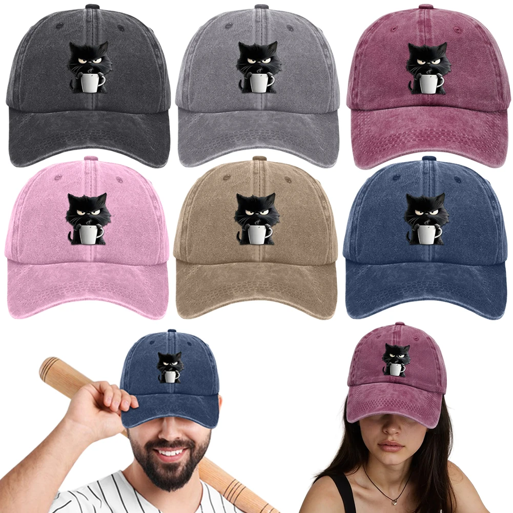 

Adjustable Cotton Baseball Cap Coffee Cat Printed Baseball Hat Washed Cat Print Baseball Cap for Mom Grandma Cat Lover