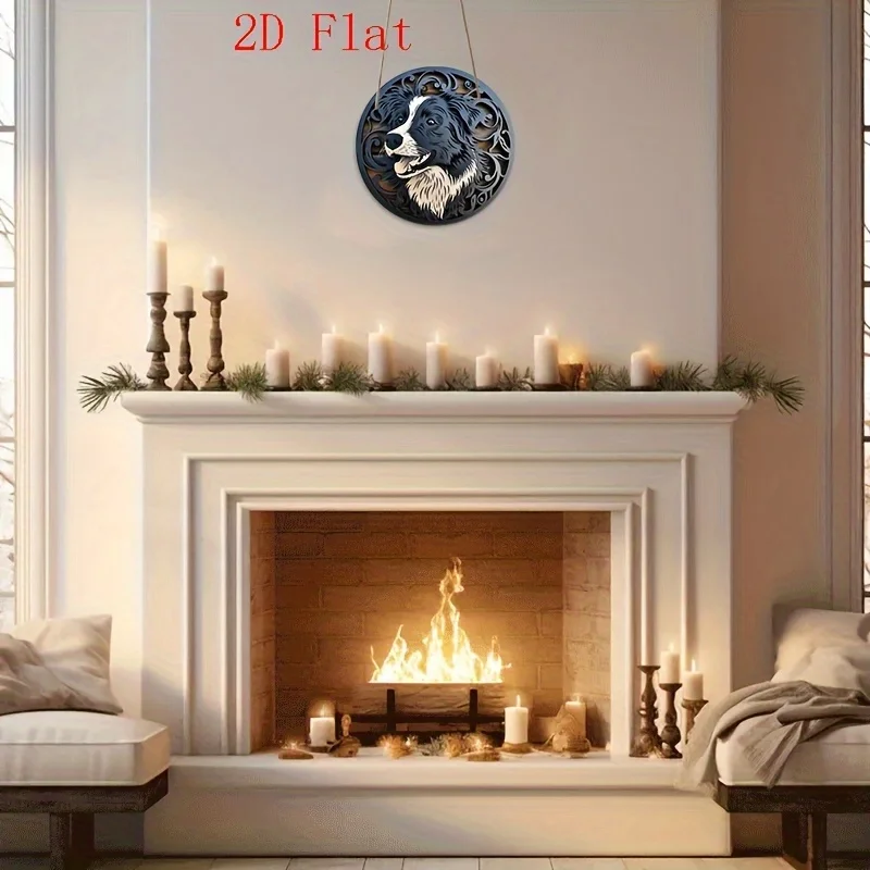 2D Flat, 1pc Handcrafted Border Collie Wooden Wall Plaque - Circular Black & White Dog Art, Solid Pine Wood Wall-Mounted Decor f
