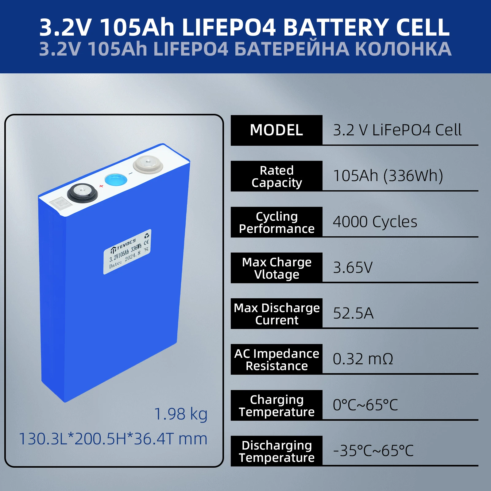 3.2V 105Ah LiFePO4 Battery Cell Grade A Lithium New QR Code High Capacity Deep Cycle Solar DIY 12V 100Ah EU UA Tax Free