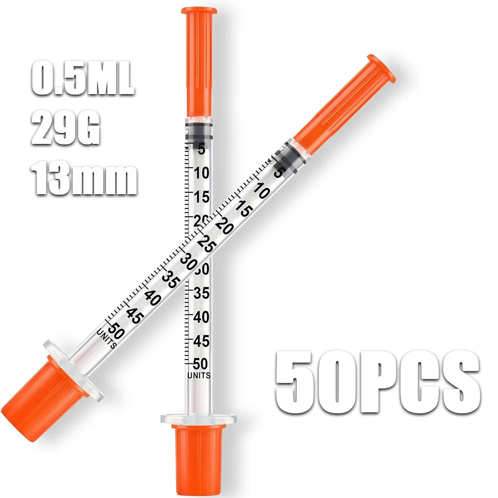 50Pcs 0.5ml, 29G×13Mm Precision Graduated Dispensing Needles with Orange Protective Caps, Liquid Essential Oil Ink Pigment Dispensing Tools