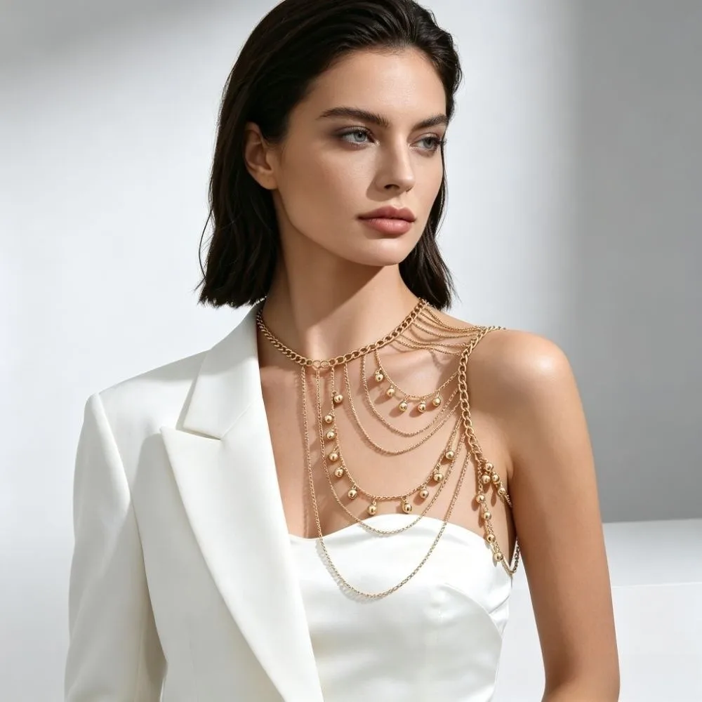 Hot Girl Multi-Layer Tassel Ball Shoulder Chain Fashion Dainty Body Jewelry Adjustable Shiny Chest Chain Street Photo