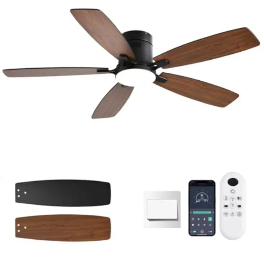 

Bedroom ceiling fan with light: 52-inch low-profile flush mount, brown finish, reversible motor, dimmable LED, noiseless operat